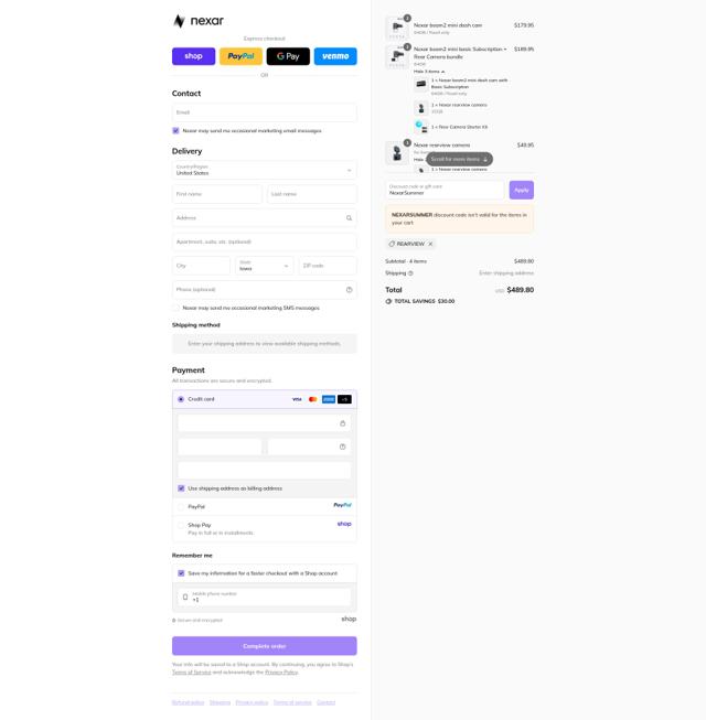Nexar checkout page showing Nexar discount code box | Screenshot taken by SimplyCodes community member on Sep 10, 2025