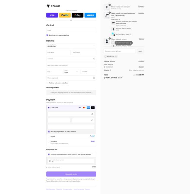 Nexar checkout page showing Nexar discount code box | Screenshot taken by SimplyCodes community member on Sep 14, 2025