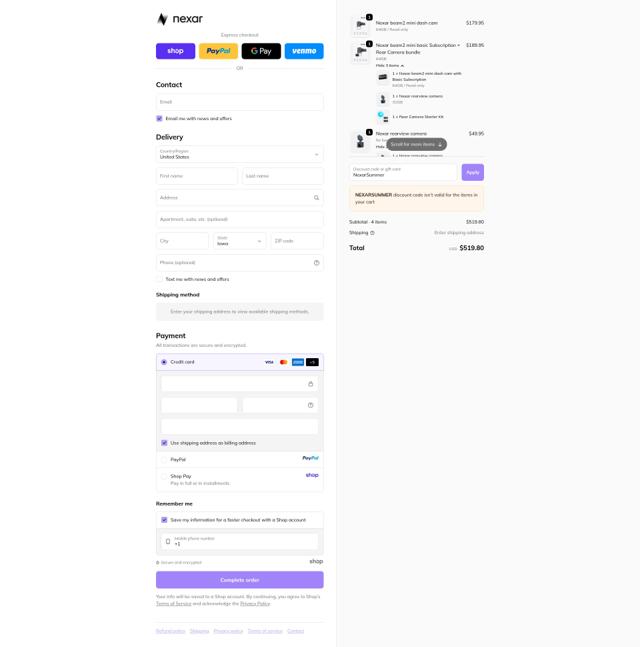 Nexar checkout page showing Nexar discount code box | Screenshot taken by SimplyCodes community member on Sep 18, 2025