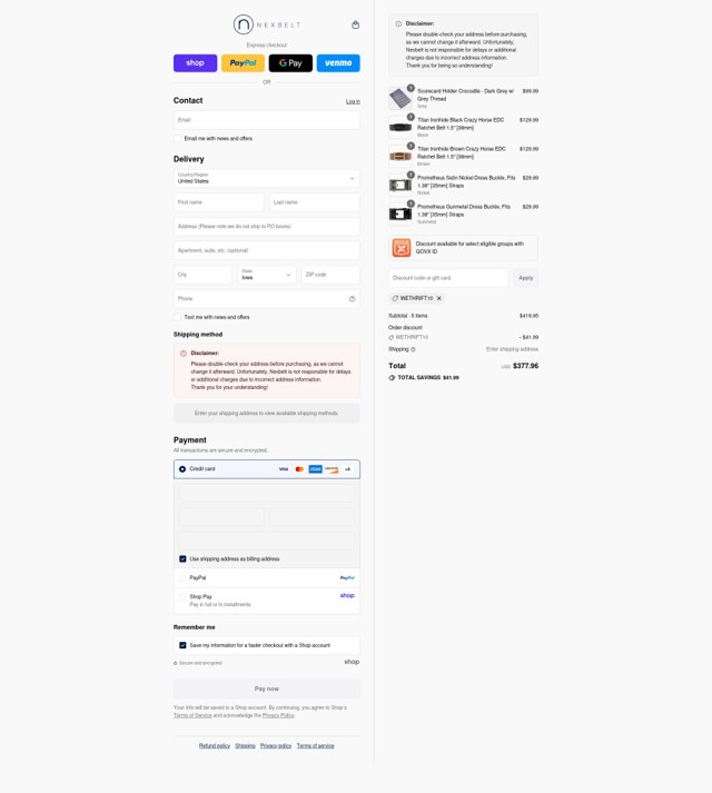 Nexbelt checkout page showing Nexbelt discount code box | Screenshot taken by SimplyCodes community member on Sep 2, 2025