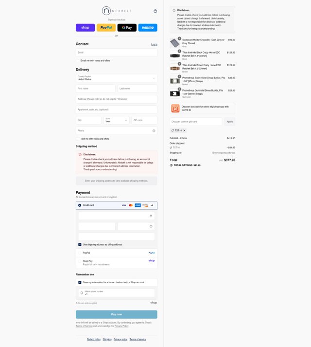 Nexbelt checkout page showing Nexbelt discount code box | Screenshot taken by SimplyCodes community member on Sep 2, 2025