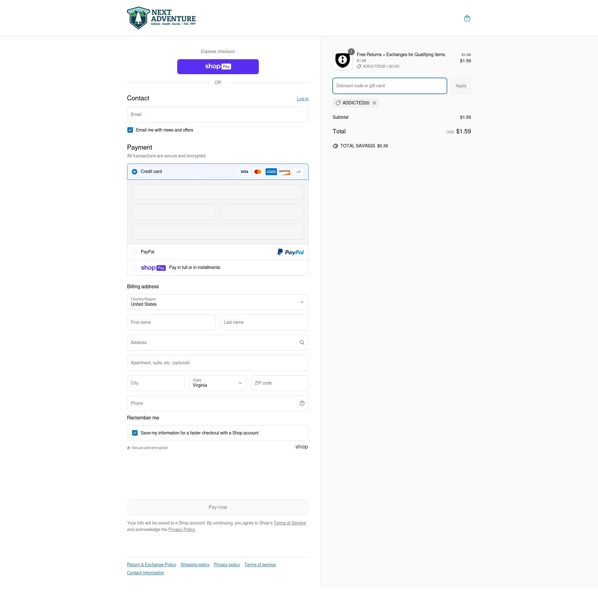 Next Adventure checkout page showing Next Adventure promo code box | Screenshot taken by SimplyCodes community member on May 26, 2025