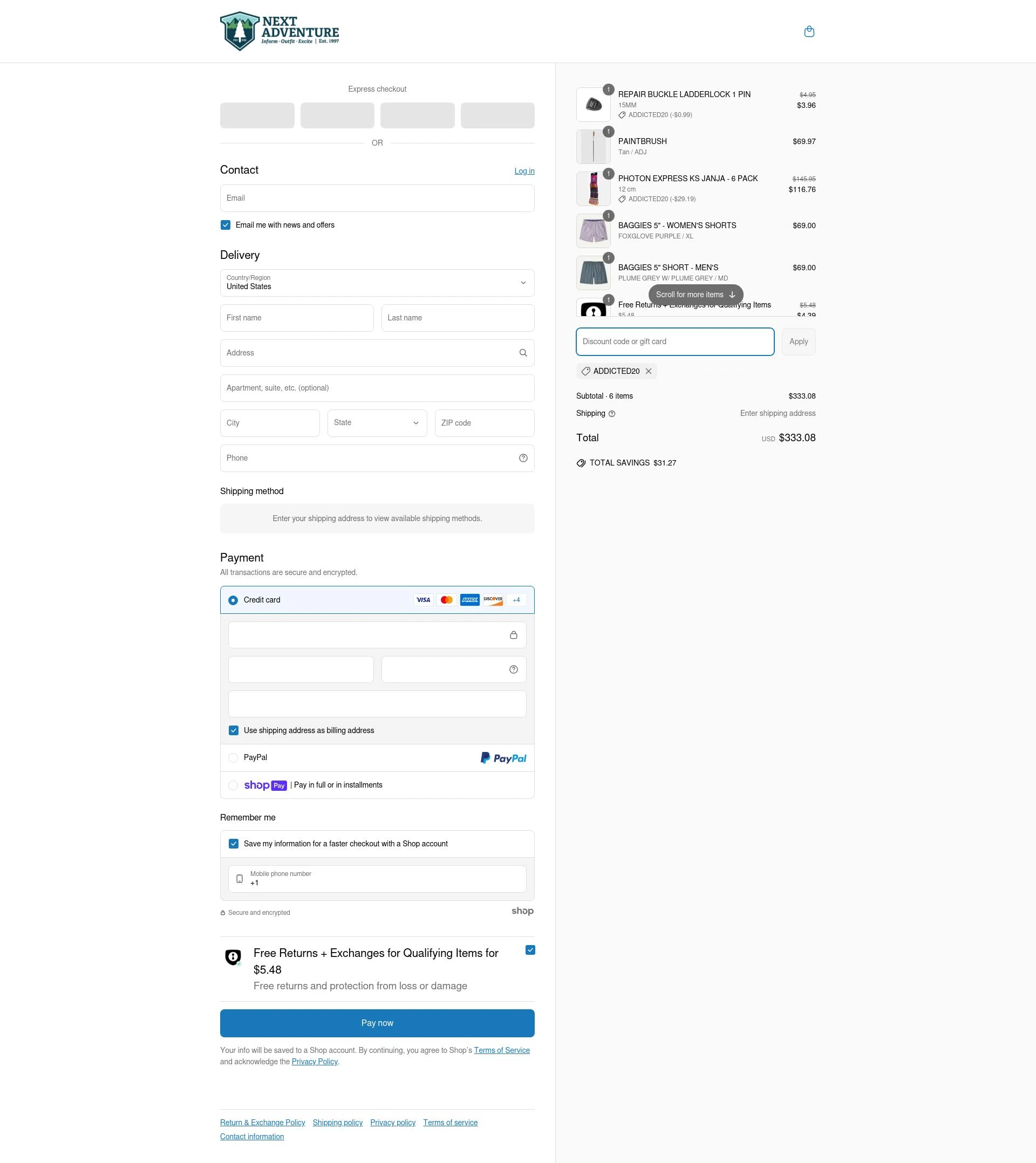 Next Adventure checkout page showing Next Adventure promo code box | Screenshot taken by SimplyCodes community member on Apr 17, 2025