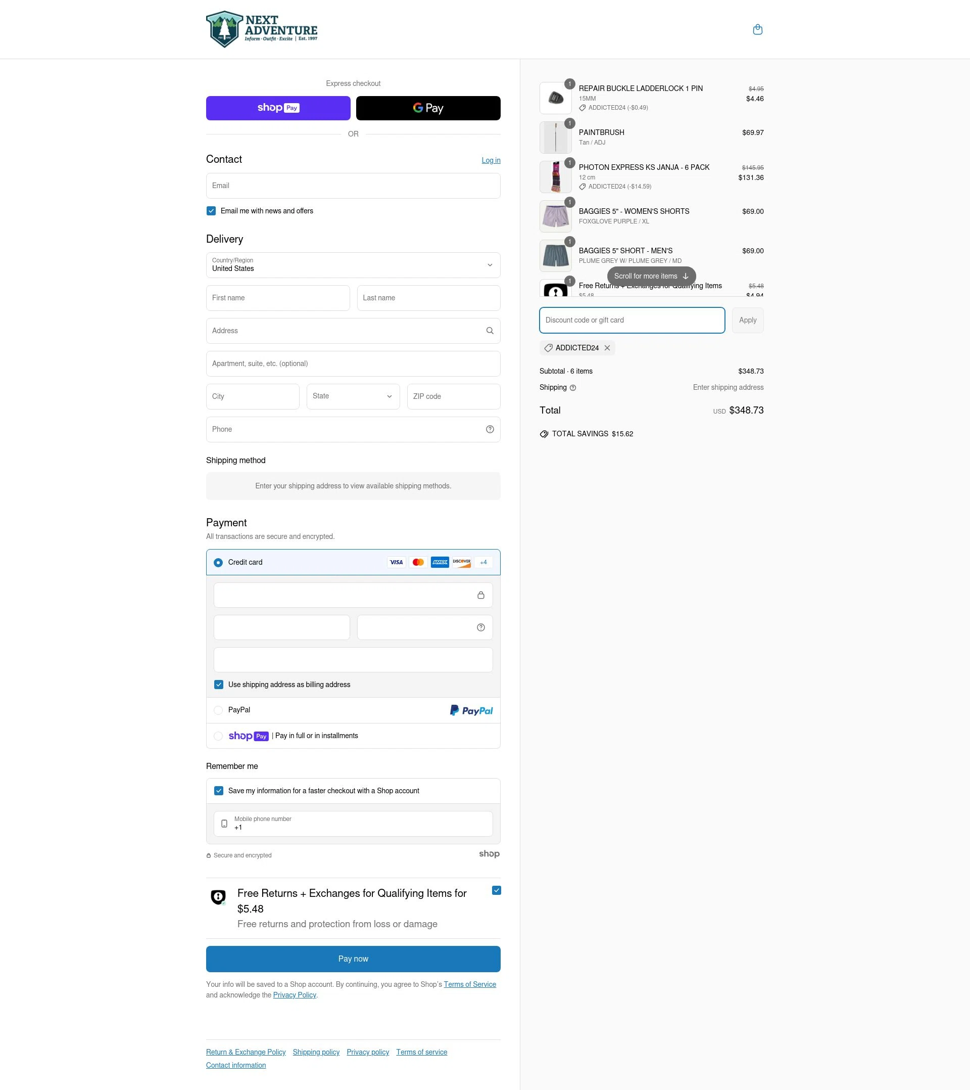 Next Adventure checkout page showing Next Adventure promo code box | Screenshot taken by SimplyCodes community member on Apr 17, 2025