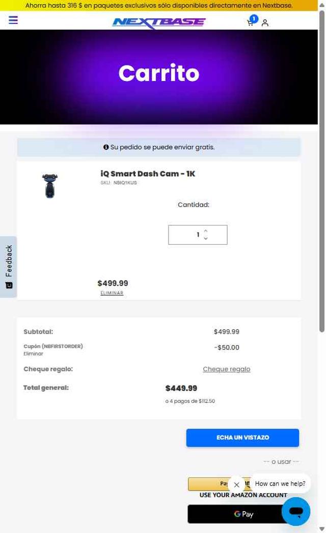 Nextbase US checkout page showing Nextbase US promo code box | Screenshot taken by SimplyCodes community member on Aug 31, 2025