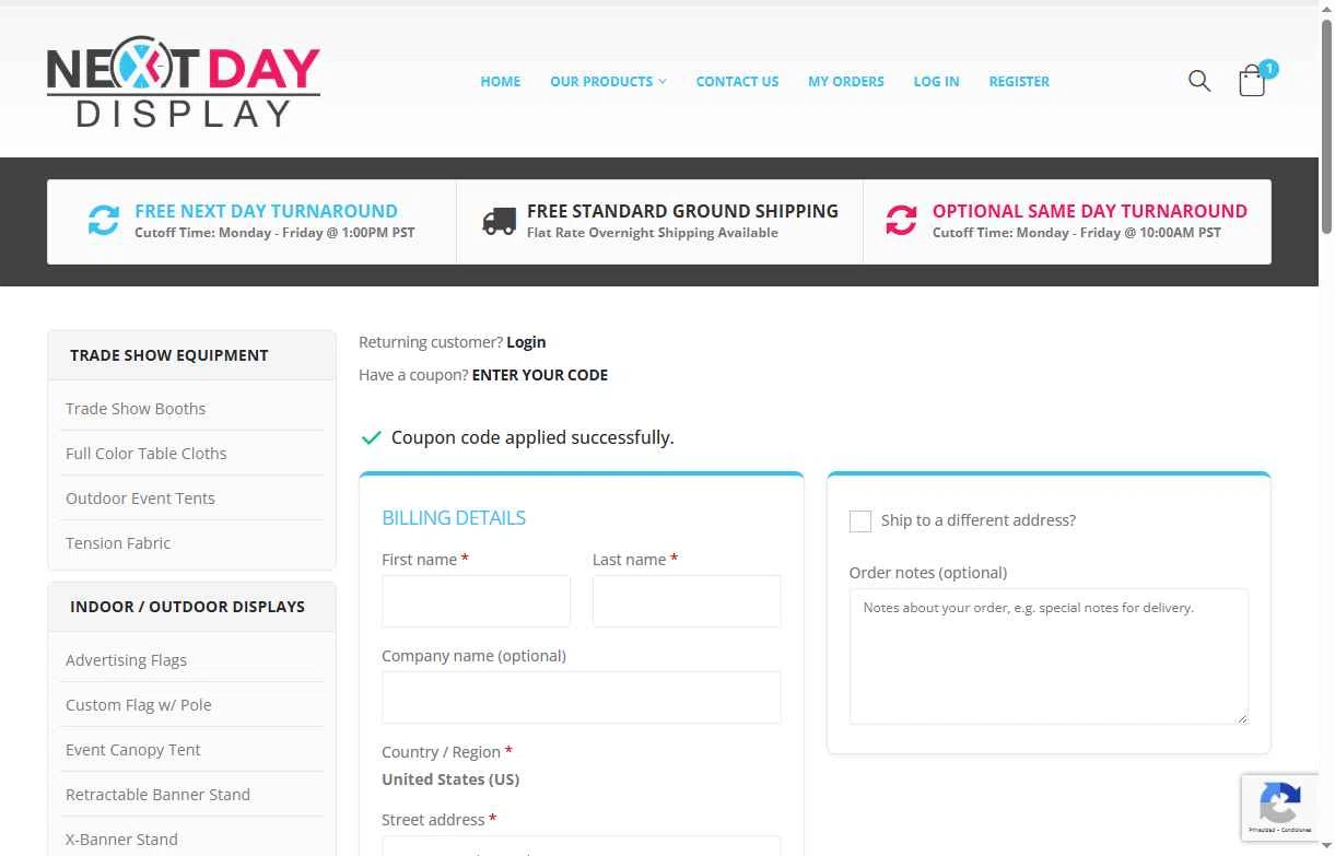 Next Day Display checkout page showing Next Day Display coupon code box | Screenshot taken by SimplyCodes community member on Oct 25, 2025