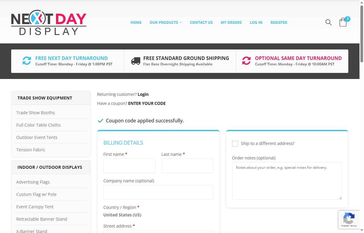 Next Day Display checkout page showing Next Day Display coupon code box | Screenshot taken by SimplyCodes community member on Oct 25, 2025
