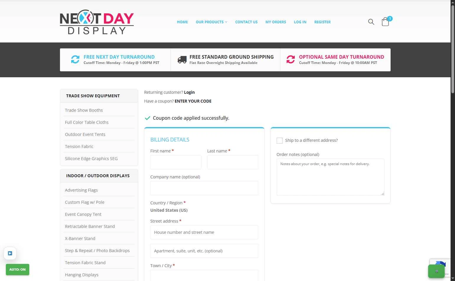 Next Day Display checkout page showing Next Day Display coupon code box | Screenshot taken by SimplyCodes community member on Jan 21, 2026