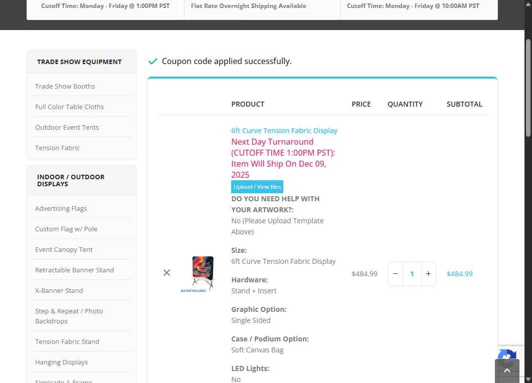 Next Day Display checkout page showing Next Day Display coupon code box | Screenshot taken by SimplyCodes community member on Dec 7, 2025