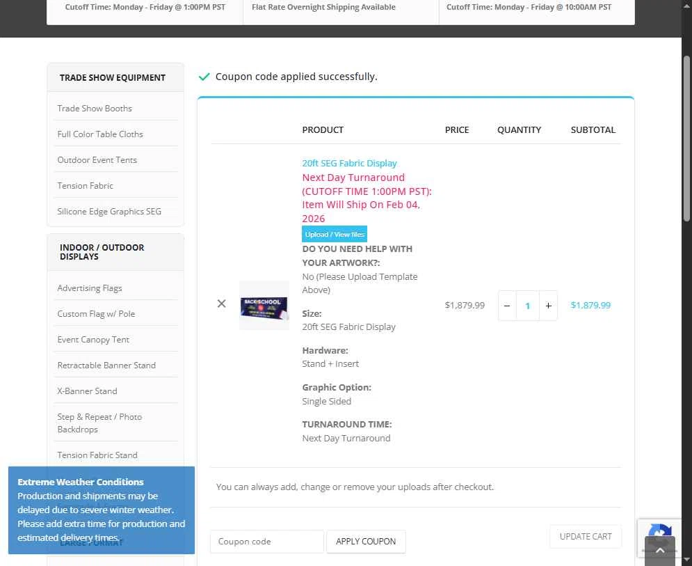 Next Day Display checkout page showing Next Day Display coupon code box | Screenshot taken by SimplyCodes community member on Feb 3, 2026