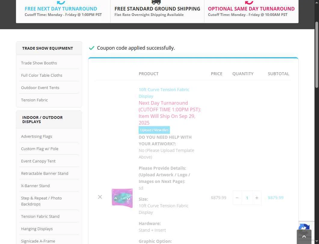 Next Day Display checkout page showing Next Day Display coupon code box | Screenshot taken by SimplyCodes community member on Sep 26, 2025