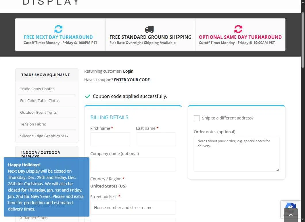 Next Day Display checkout page showing Next Day Display coupon code box | Screenshot taken by SimplyCodes community member on Jan 5, 2026