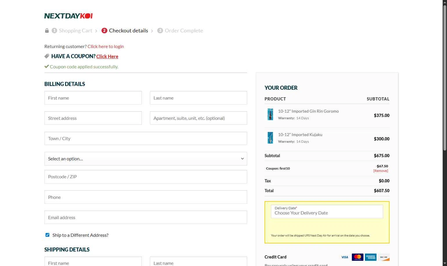 Next Day Koi checkout page showing Next Day Koi coupon code box | Screenshot taken by SimplyCodes community member on Dec 10, 2025