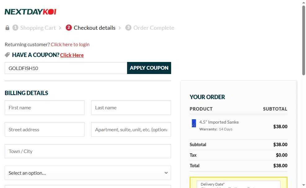 Next Day Koi checkout page showing Next Day Koi coupon code box | Screenshot taken by SimplyCodes community member on Sep 30, 2025