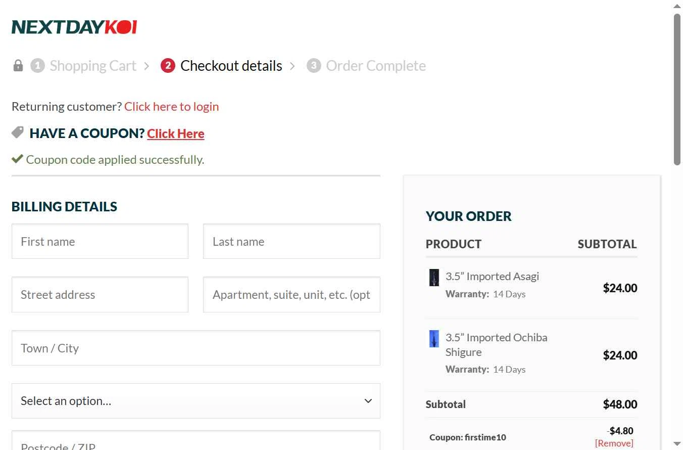 Next Day Koi checkout page showing Next Day Koi coupon code box | Screenshot taken by SimplyCodes community member on Dec 31, 2025