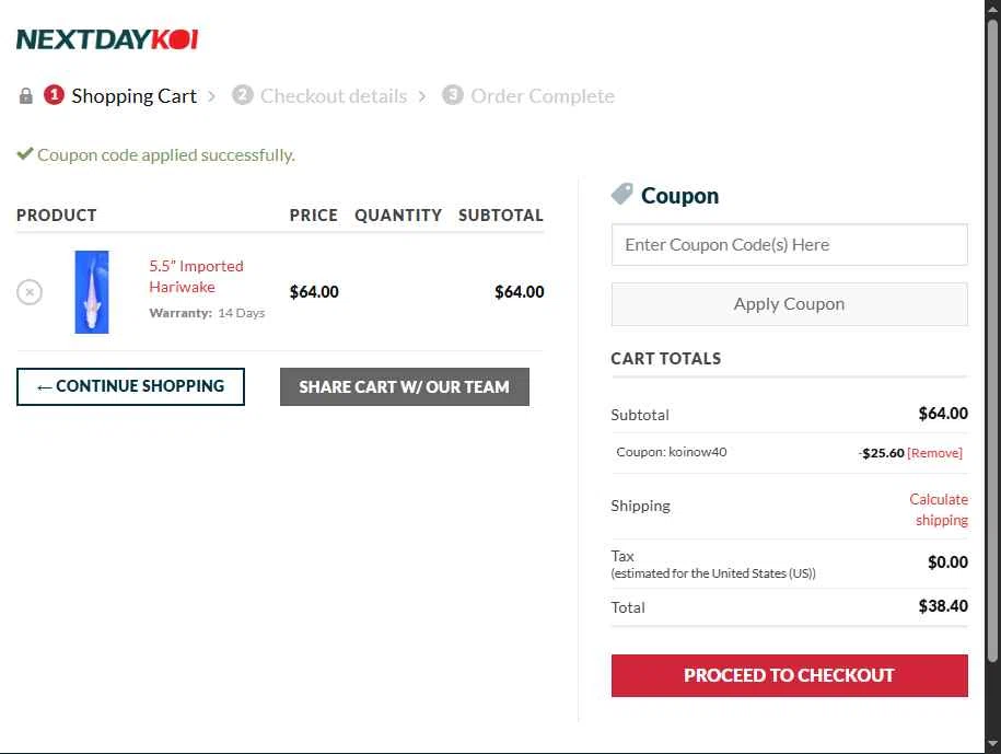 Next Day Koi checkout page showing Next Day Koi coupon code box | Screenshot taken by SimplyCodes community member on Nov 10, 2025