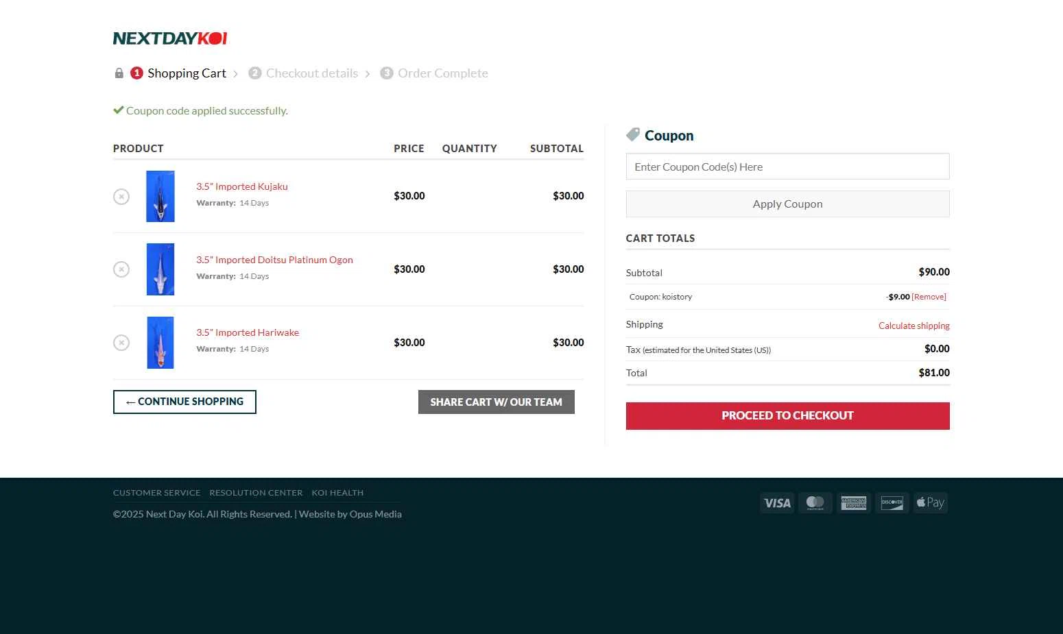 Next Day Koi checkout page showing Next Day Koi coupon code box | Screenshot taken by SimplyCodes community member on Oct 16, 2025