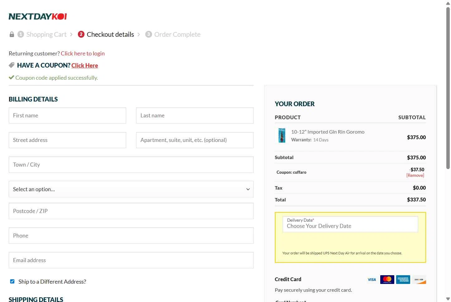 Next Day Koi checkout page showing Next Day Koi coupon code box | Screenshot taken by SimplyCodes community member on Dec 10, 2025