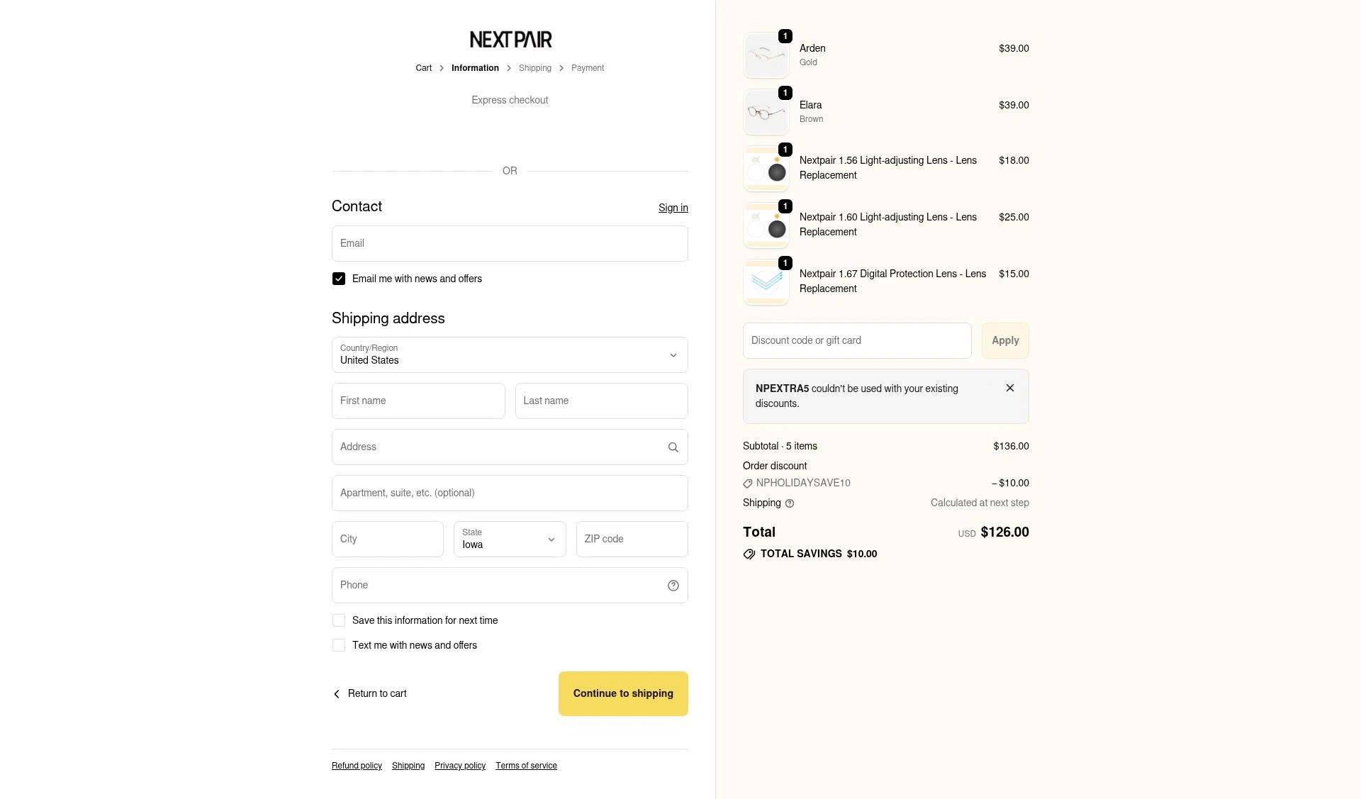 Next Pair checkout page showing Next Pair discount code box | Screenshot taken by SimplyCodes community member on Dec 29, 2025