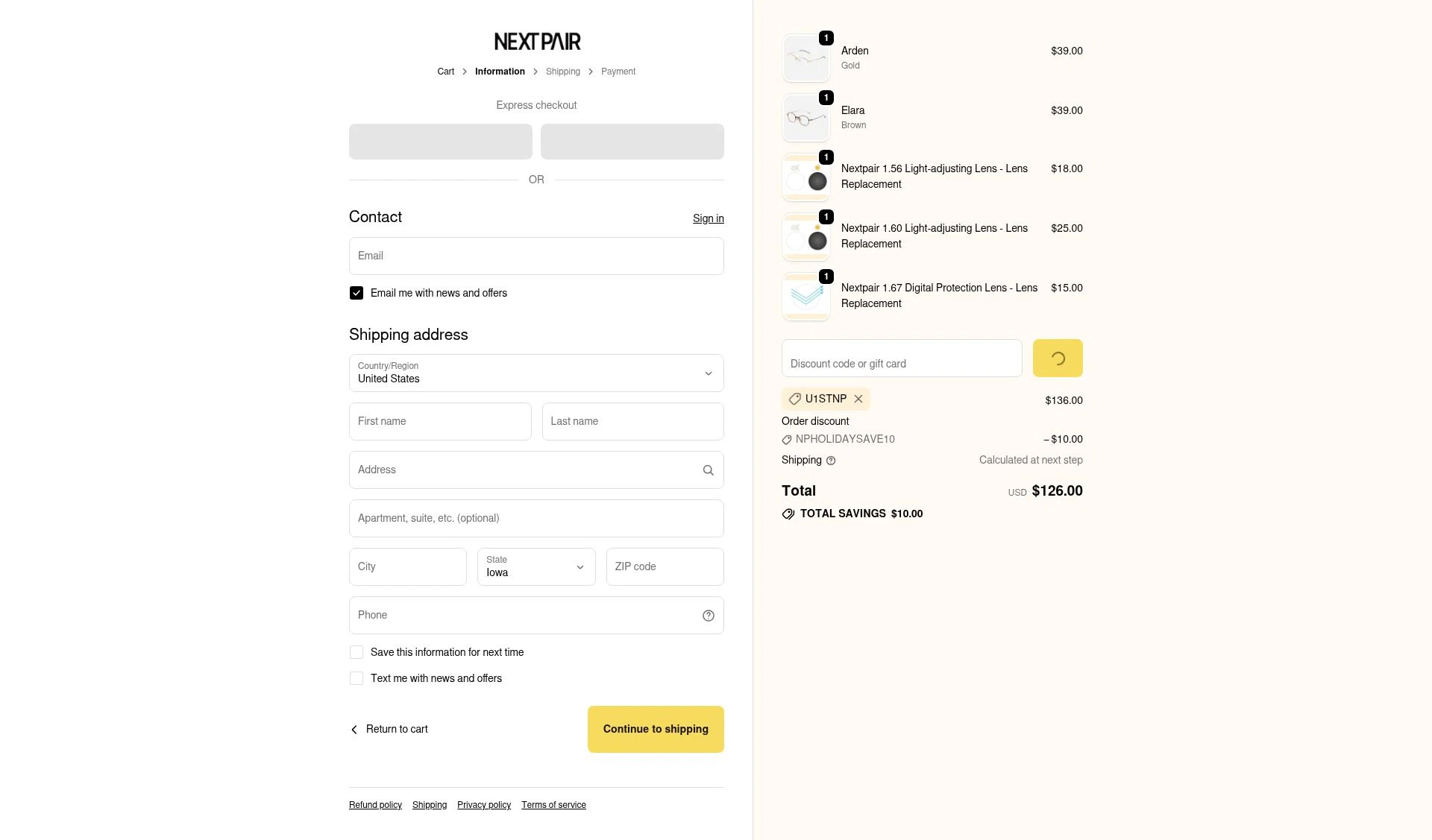 Next Pair checkout page showing Next Pair discount code box | Screenshot taken by SimplyCodes community member on Dec 29, 2025
