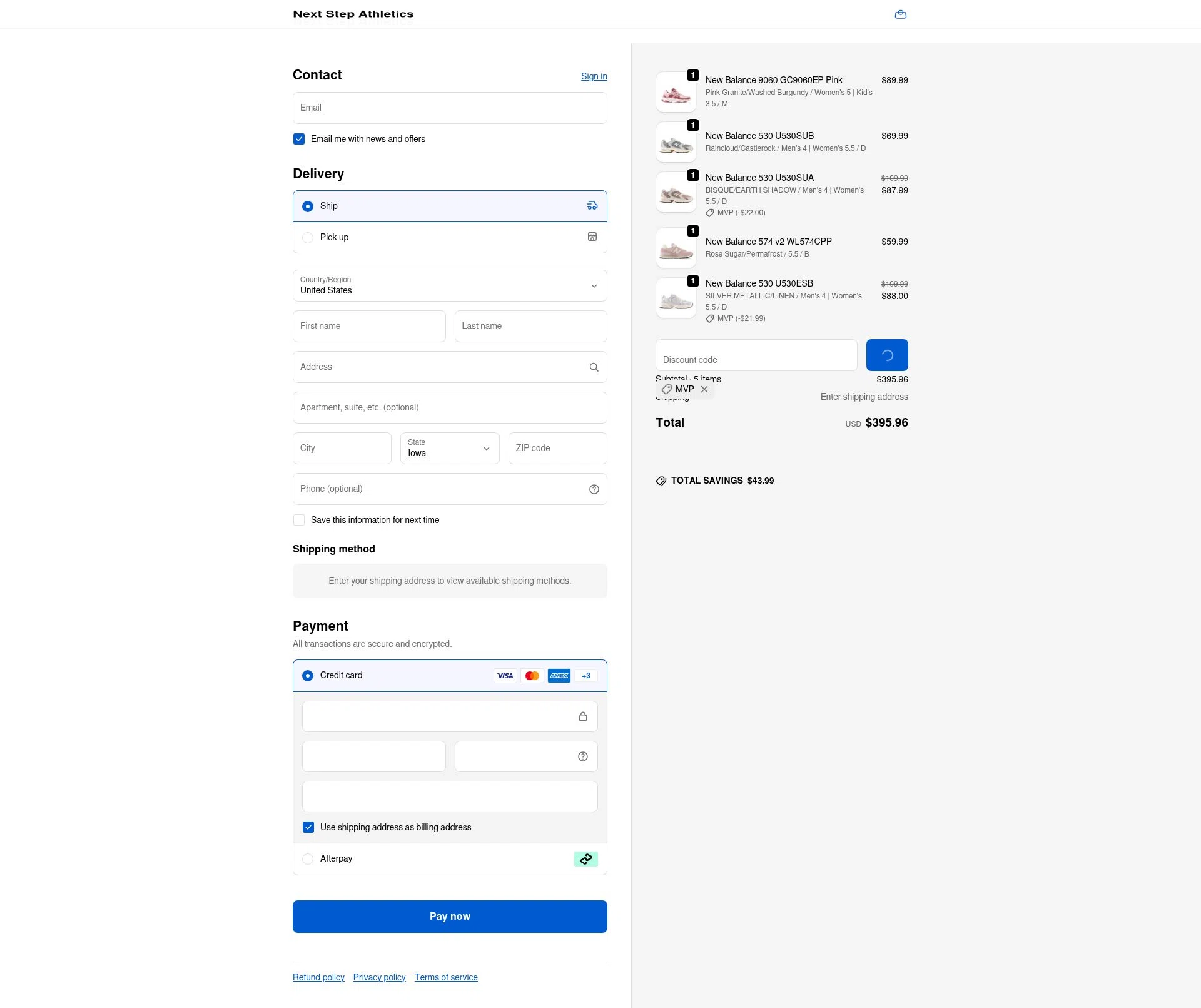 Next Step Athletics checkout page showing Next Step Athletics promo code box | Screenshot taken by SimplyCodes community member on Feb 5, 2026
