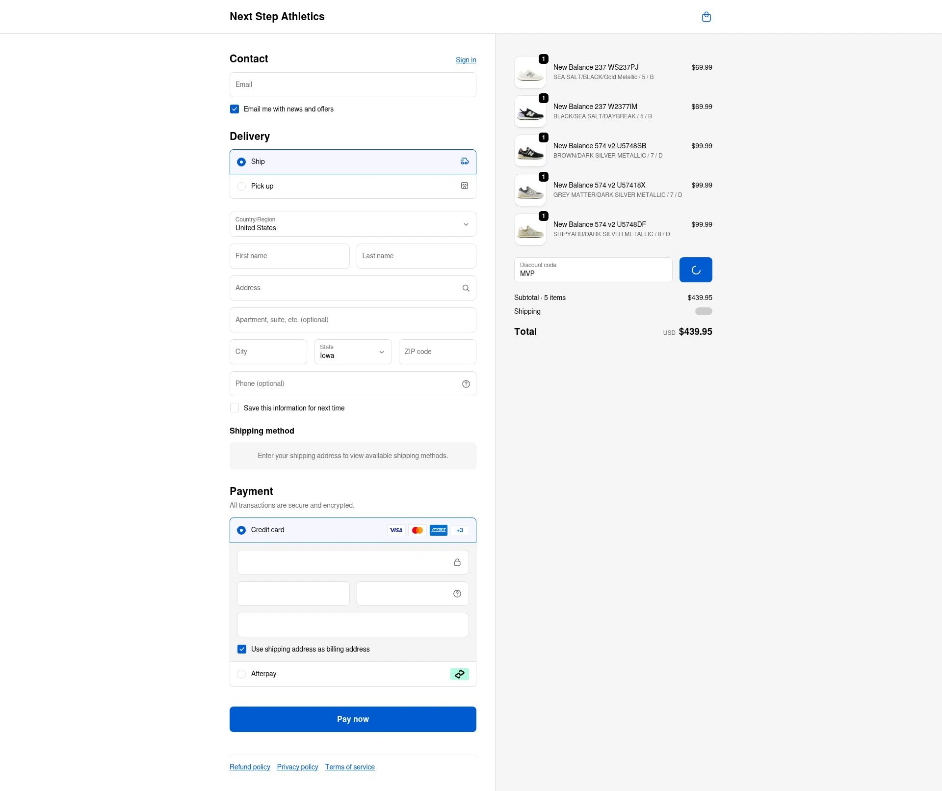 Next Step Athletics checkout page showing Next Step Athletics promo code box | Screenshot taken by SimplyCodes community member on Feb 9, 2026