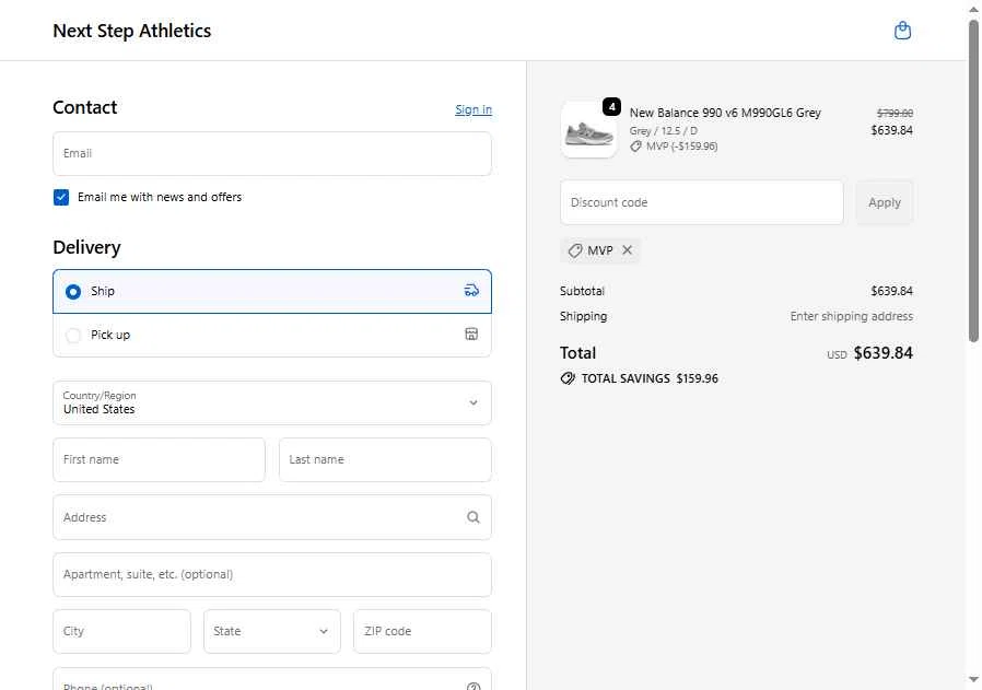 Next Step Athletics checkout page showing Next Step Athletics promo code box | Screenshot taken by SimplyCodes community member on Jan 18, 2026
