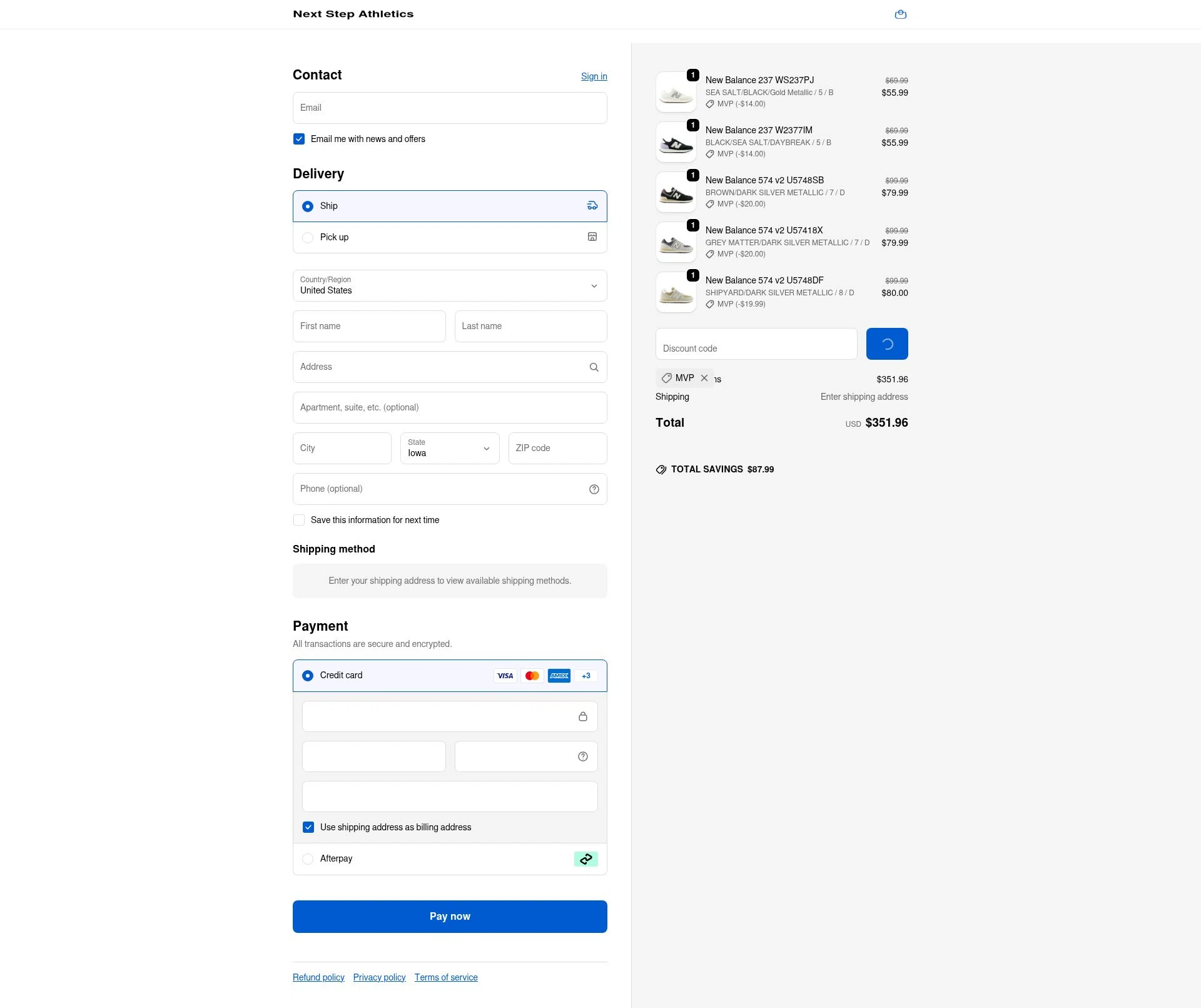 Next Step Athletics checkout page showing Next Step Athletics promo code box | Screenshot taken by SimplyCodes community member on Feb 14, 2026