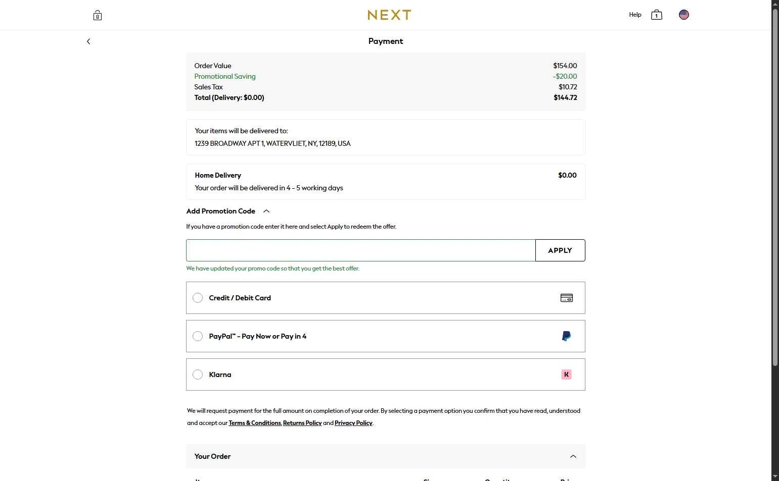 Next USA checkout page showing Next USA promo code box | Screenshot taken by SimplyCodes community member on Dec 7, 2025