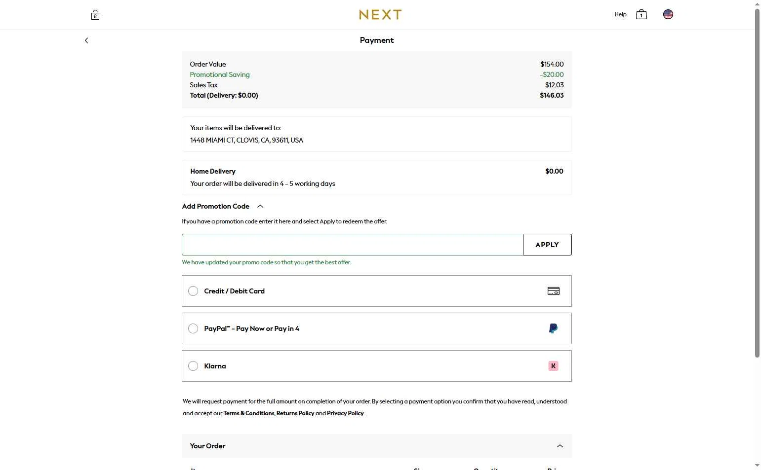 Next USA checkout page showing Next USA promo code box | Screenshot taken by SimplyCodes community member on Nov 27, 2025