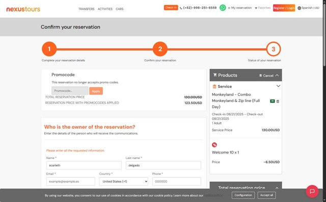 Nexus Tours checkout page showing Nexus Tours promo code box | Screenshot taken by SimplyCodes community member on Aug 19, 2025
