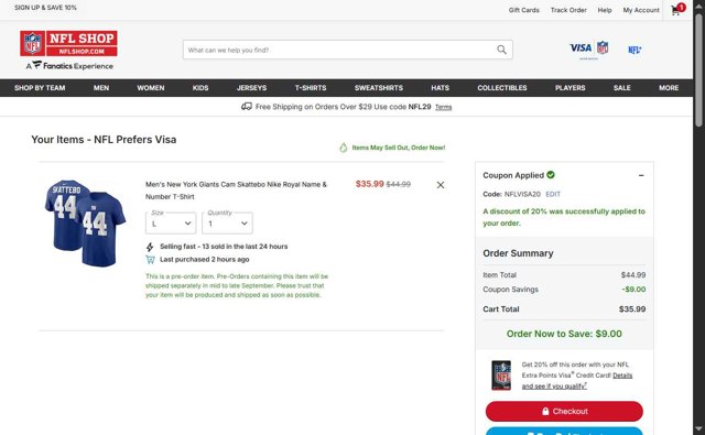 NFLShop.com checkout page showing NFLShop.com promo code box | Screenshot taken by SimplyCodes community member on Aug 27, 2025