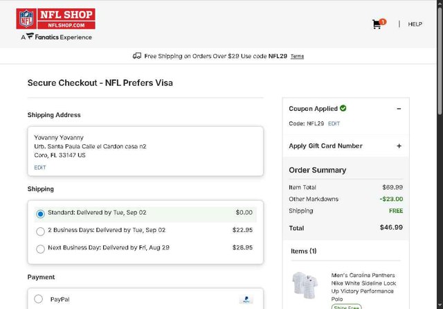 NFLShop.com checkout page showing NFLShop.com promo code box | Screenshot taken by SimplyCodes community member on Aug 28, 2025