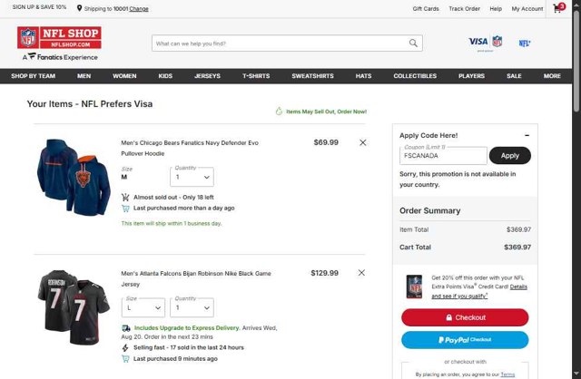 NFLShop.com checkout page showing NFLShop.com promo code box | Screenshot taken by SimplyCodes community member on Aug 18, 2025