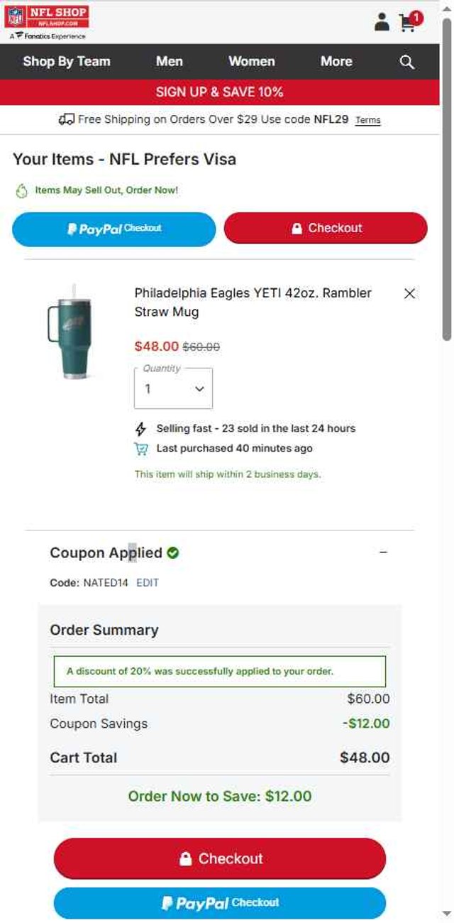 NFLShop.com checkout page showing NFLShop.com promo code box | Screenshot taken by SimplyCodes community member on Aug 25, 2025