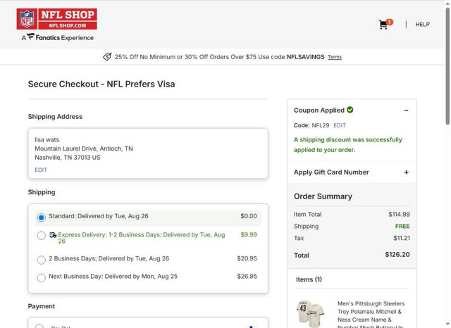 NFLShop.com checkout page showing NFLShop.com promo code box | Screenshot taken by SimplyCodes community member on Aug 22, 2025
