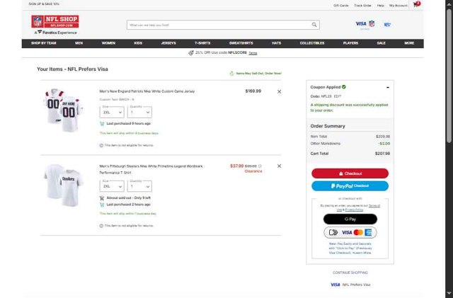 NFLShop.com checkout page showing NFLShop.com promo code box | Screenshot taken by SimplyCodes community member on Aug 16, 2025