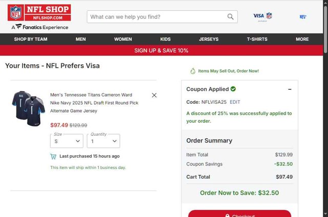 NFLShop.com checkout page showing NFLShop.com promo code box | Screenshot taken by SimplyCodes community member on Aug 18, 2025