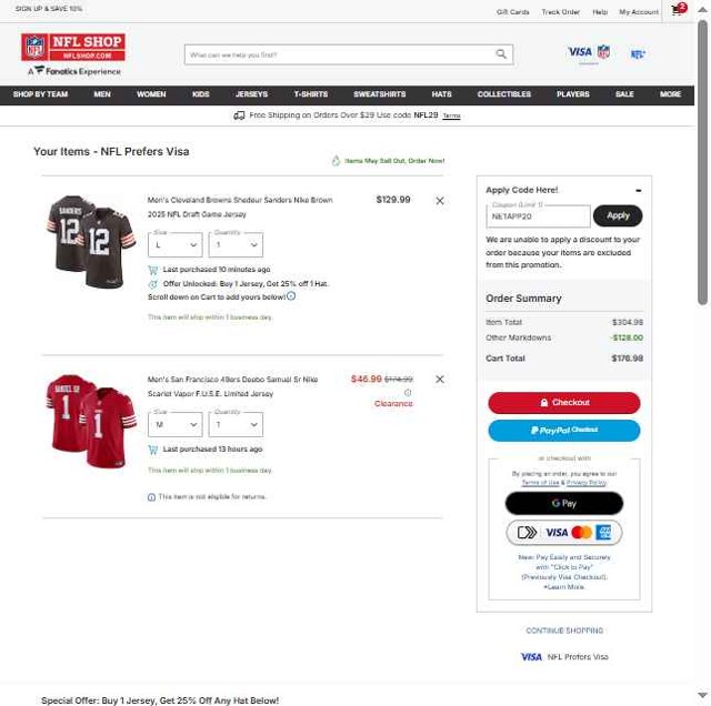 NFLShop.com checkout page showing NFLShop.com promo code box | Screenshot taken by SimplyCodes community member on Aug 20, 2025