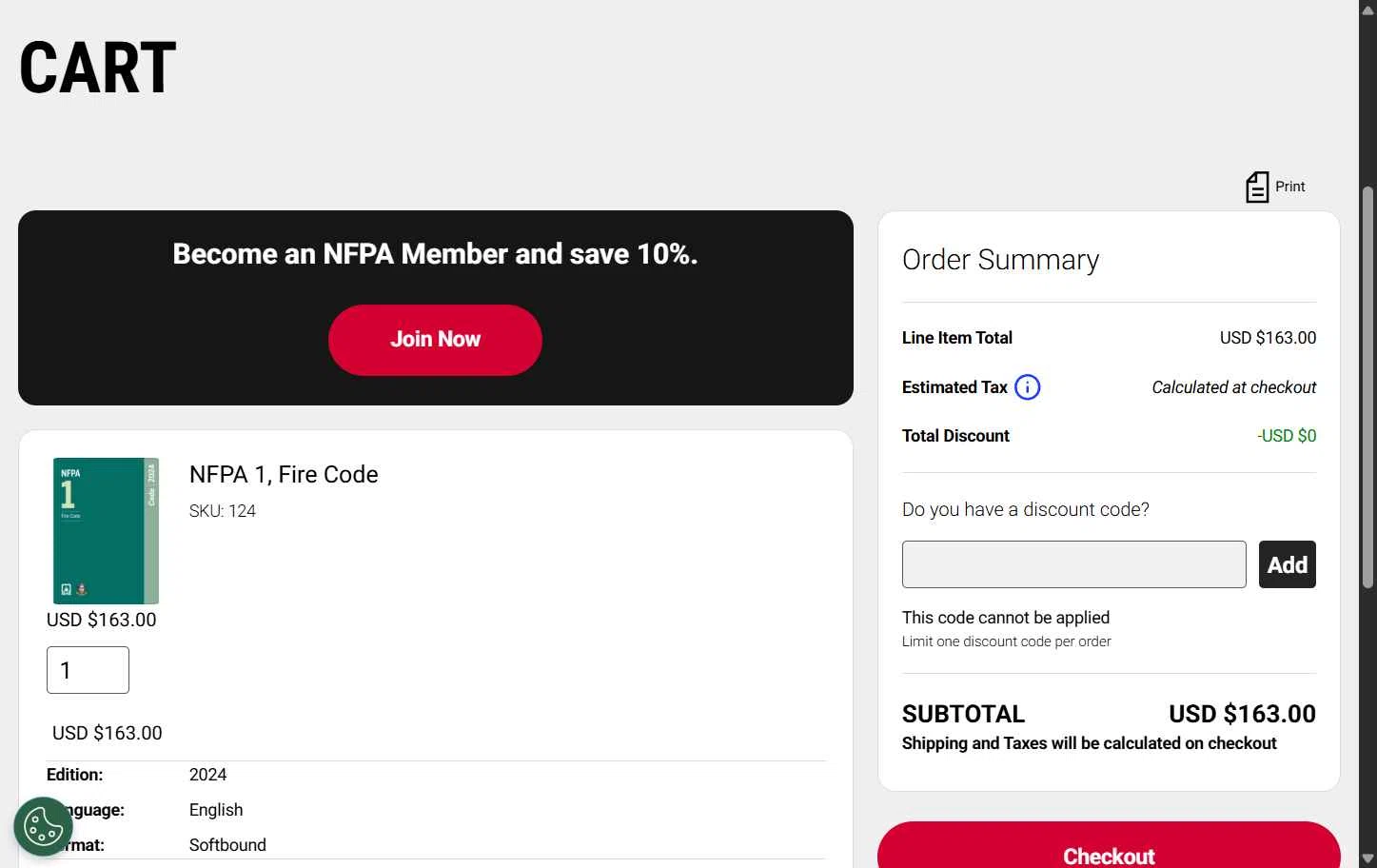 NFPA checkout page showing NFPA discount code box | Screenshot taken by SimplyCodes community member on Aug 17, 2025