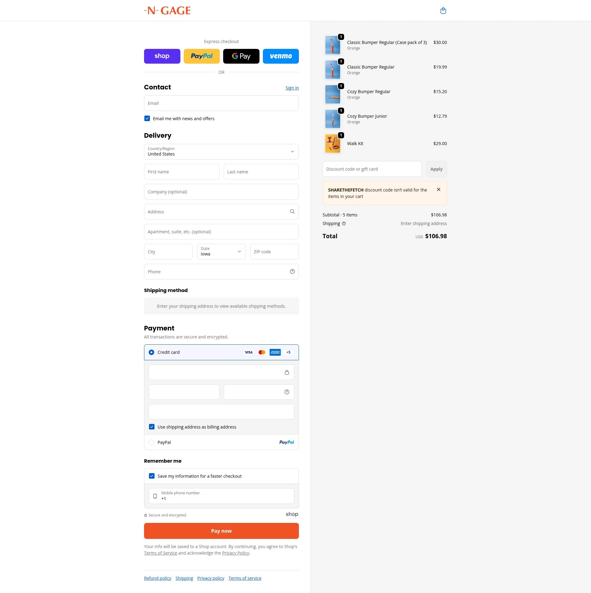 N-GAGE Brand checkout page showing N-GAGE Brand promo code box | Screenshot taken by SimplyCodes community member on Jan 1, 2026