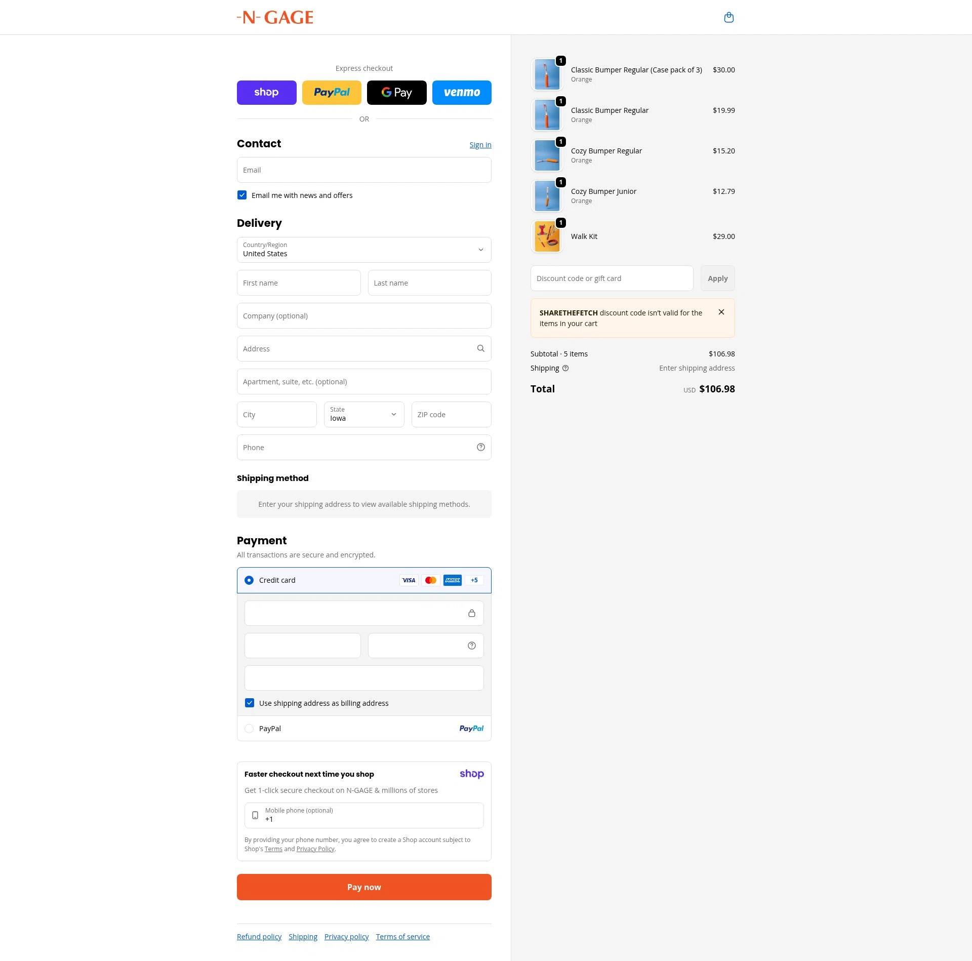 N-GAGE Brand checkout page showing N-GAGE Brand promo code box | Screenshot taken by SimplyCodes community member on Jan 11, 2026