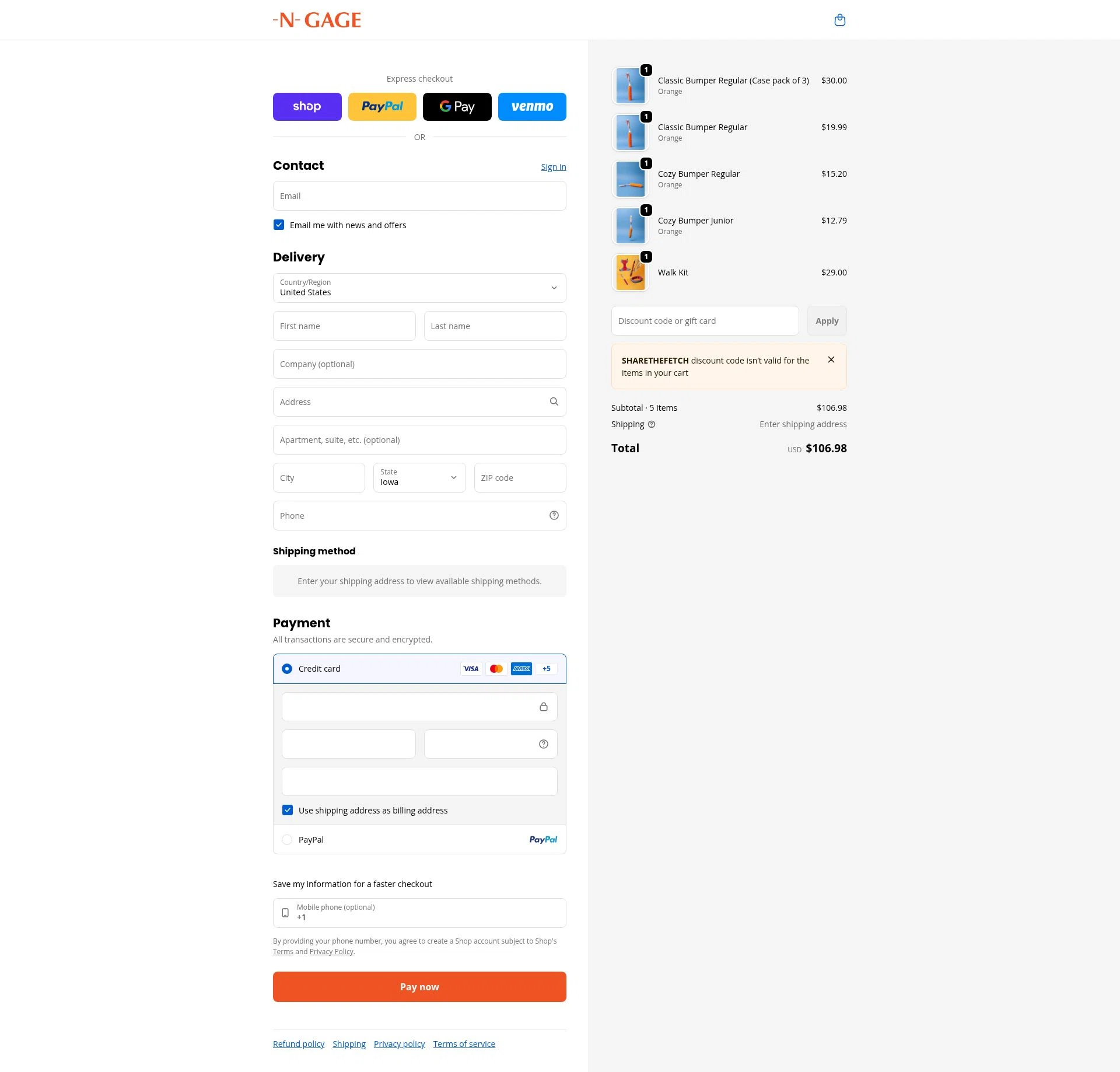 N-GAGE Brand checkout page showing N-GAGE Brand promo code box | Screenshot taken by SimplyCodes community member on Jan 17, 2026
