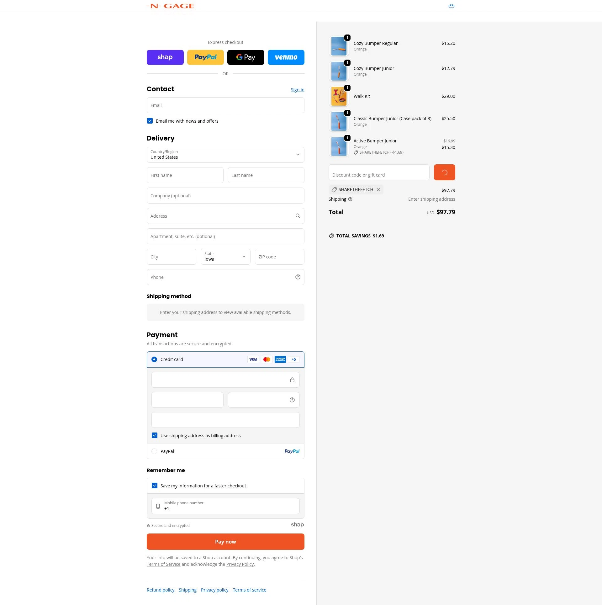 N-GAGE Brand checkout page showing N-GAGE Brand promo code box | Screenshot taken by SimplyCodes community member on Dec 22, 2025