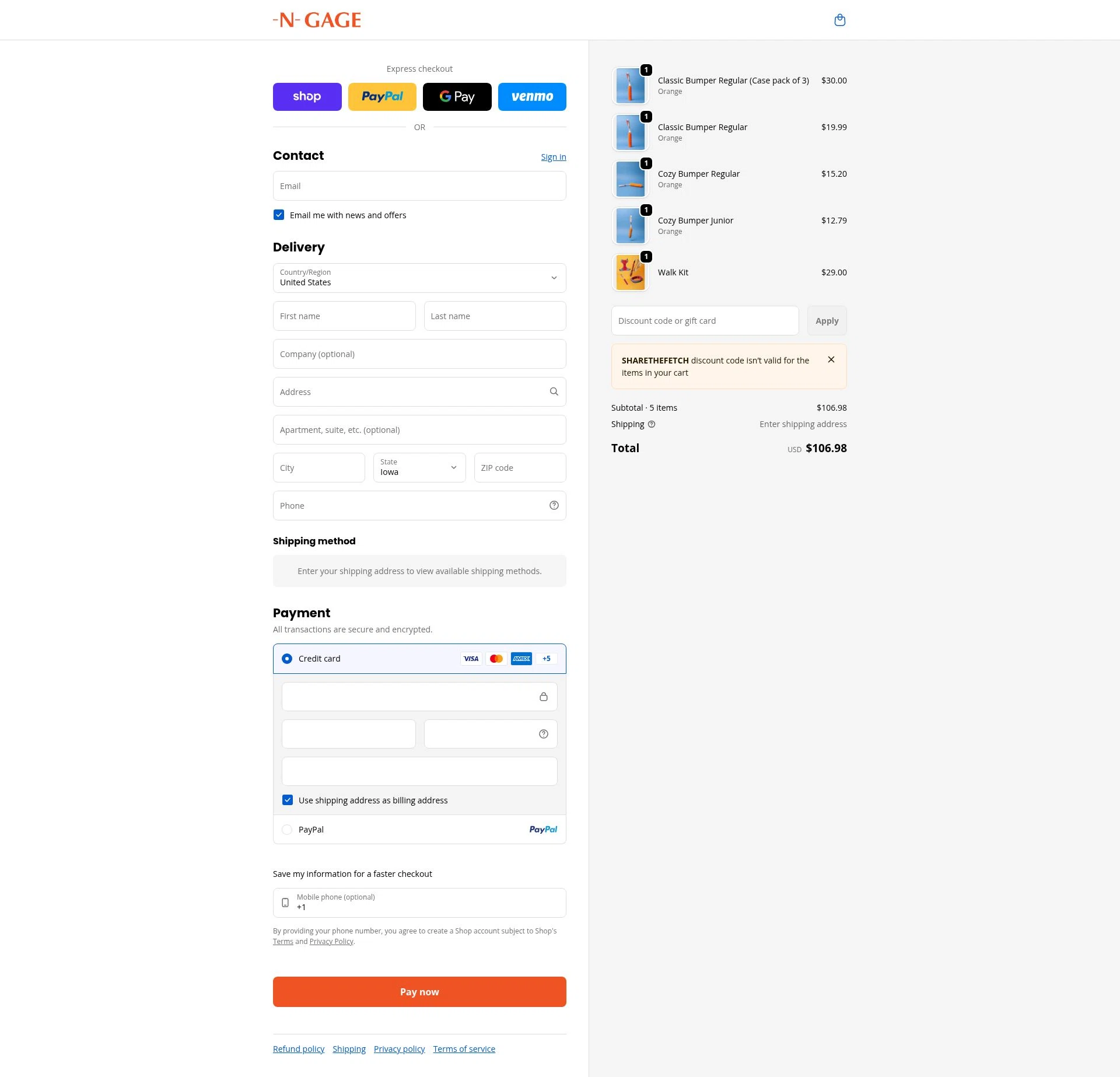 N-GAGE Brand checkout page showing N-GAGE Brand promo code box | Screenshot taken by SimplyCodes community member on Jan 30, 2026
