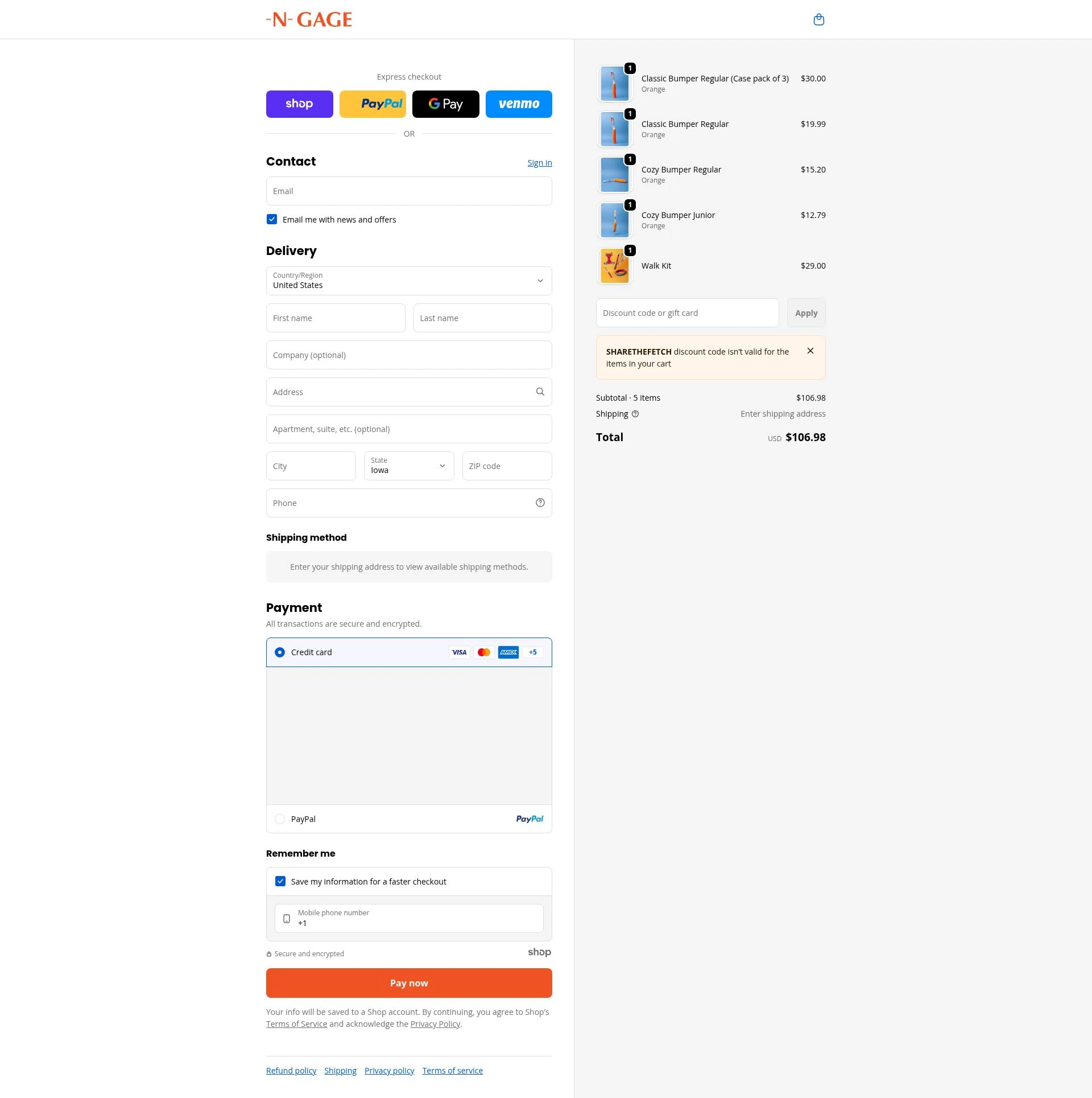 N-GAGE Brand checkout page showing N-GAGE Brand promo code box | Screenshot taken by SimplyCodes community member on Jan 6, 2026
