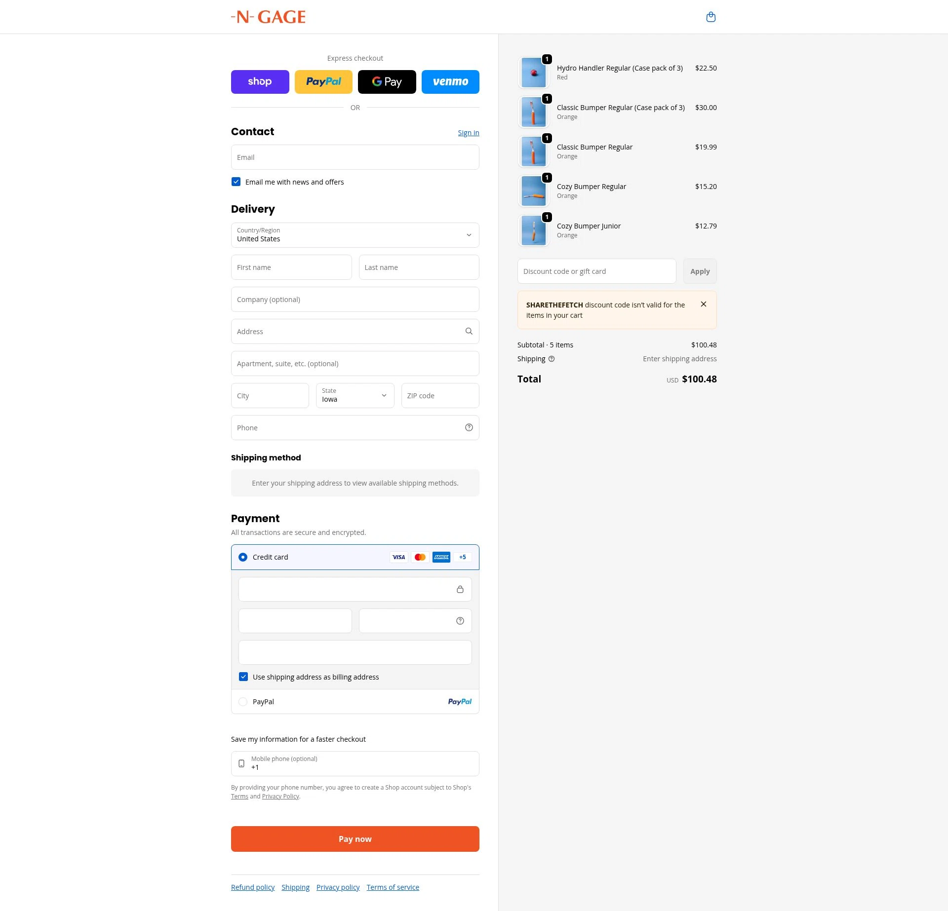 N-GAGE Brand checkout page showing N-GAGE Brand promo code box | Screenshot taken by SimplyCodes community member on Feb 4, 2026