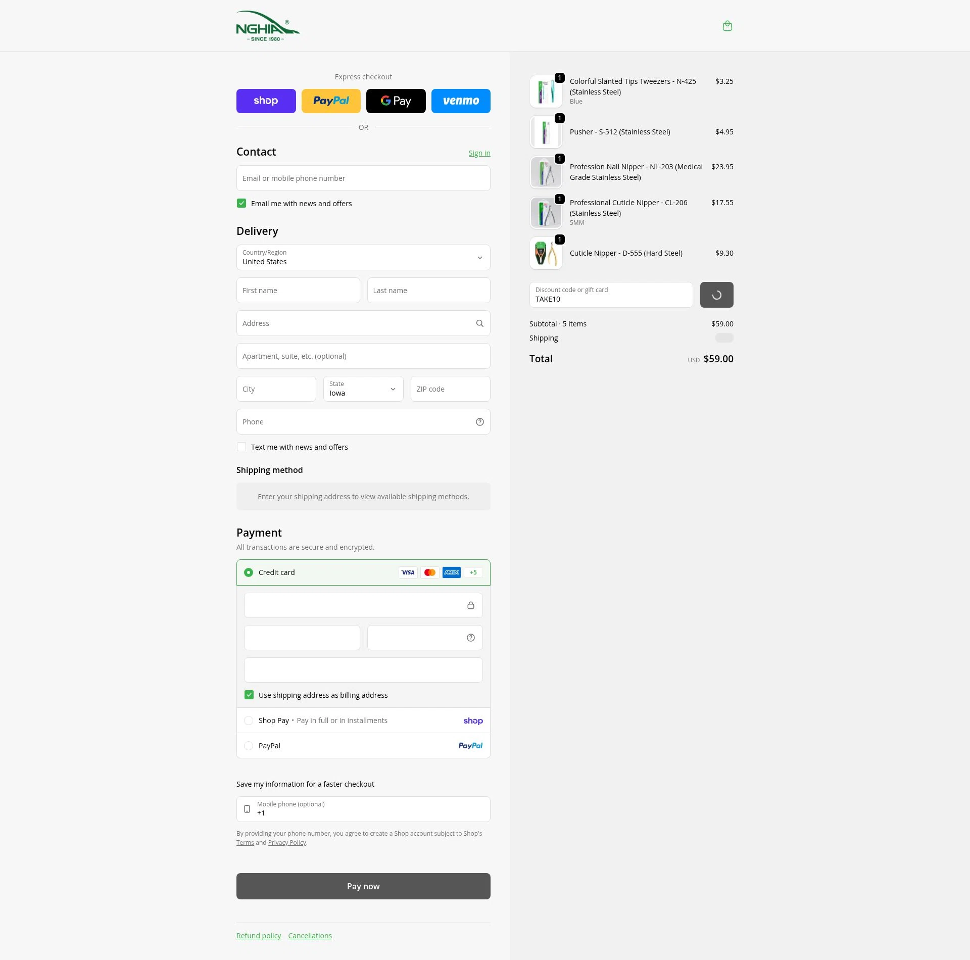 Nghia Nippers USA checkout page showing Nghia Nippers USA promo code box | Screenshot taken by SimplyCodes community member on Feb 14, 2026