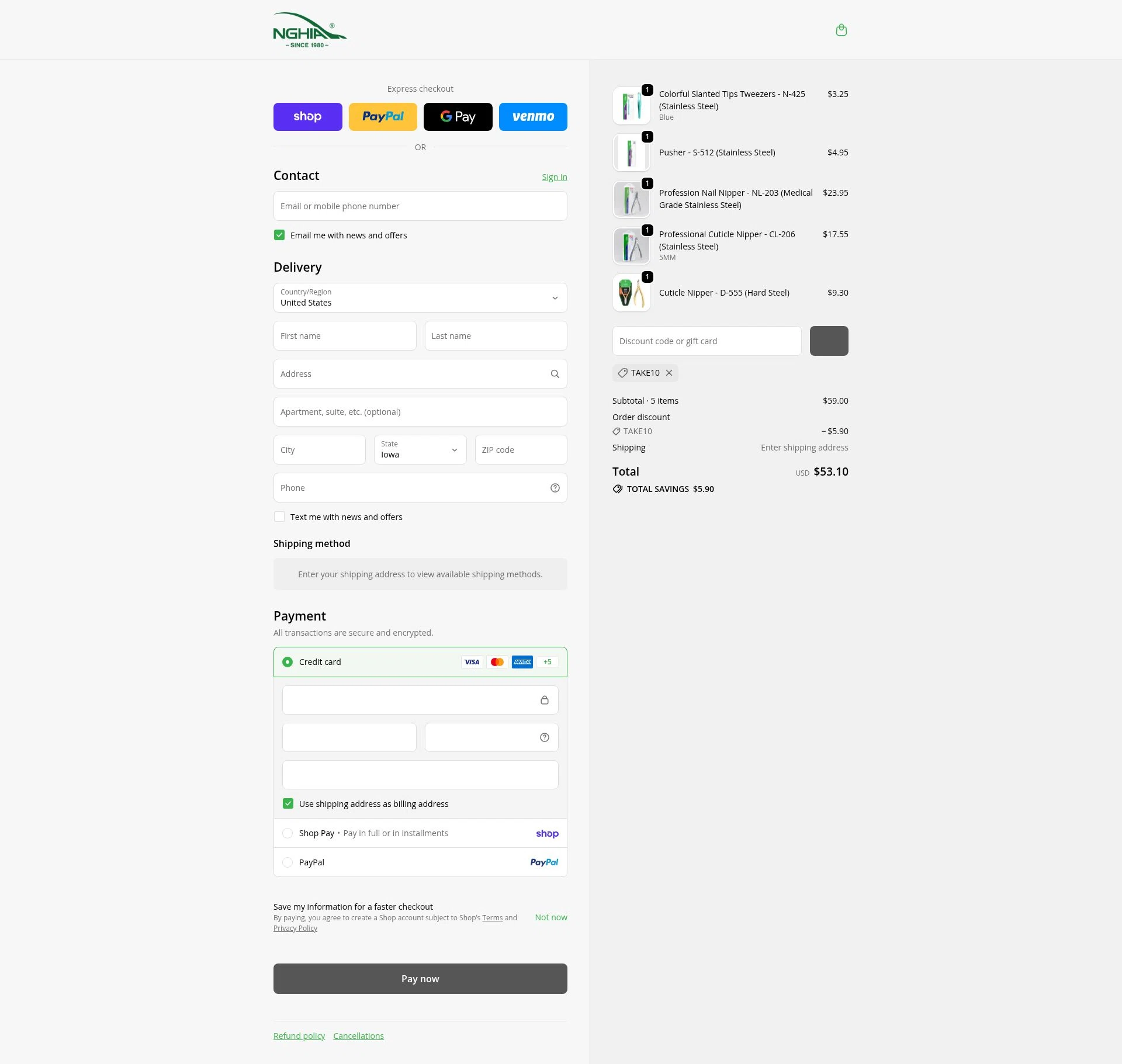 Nghia Nippers USA checkout page showing Nghia Nippers USA promo code box | Screenshot taken by SimplyCodes community member on Feb 19, 2026