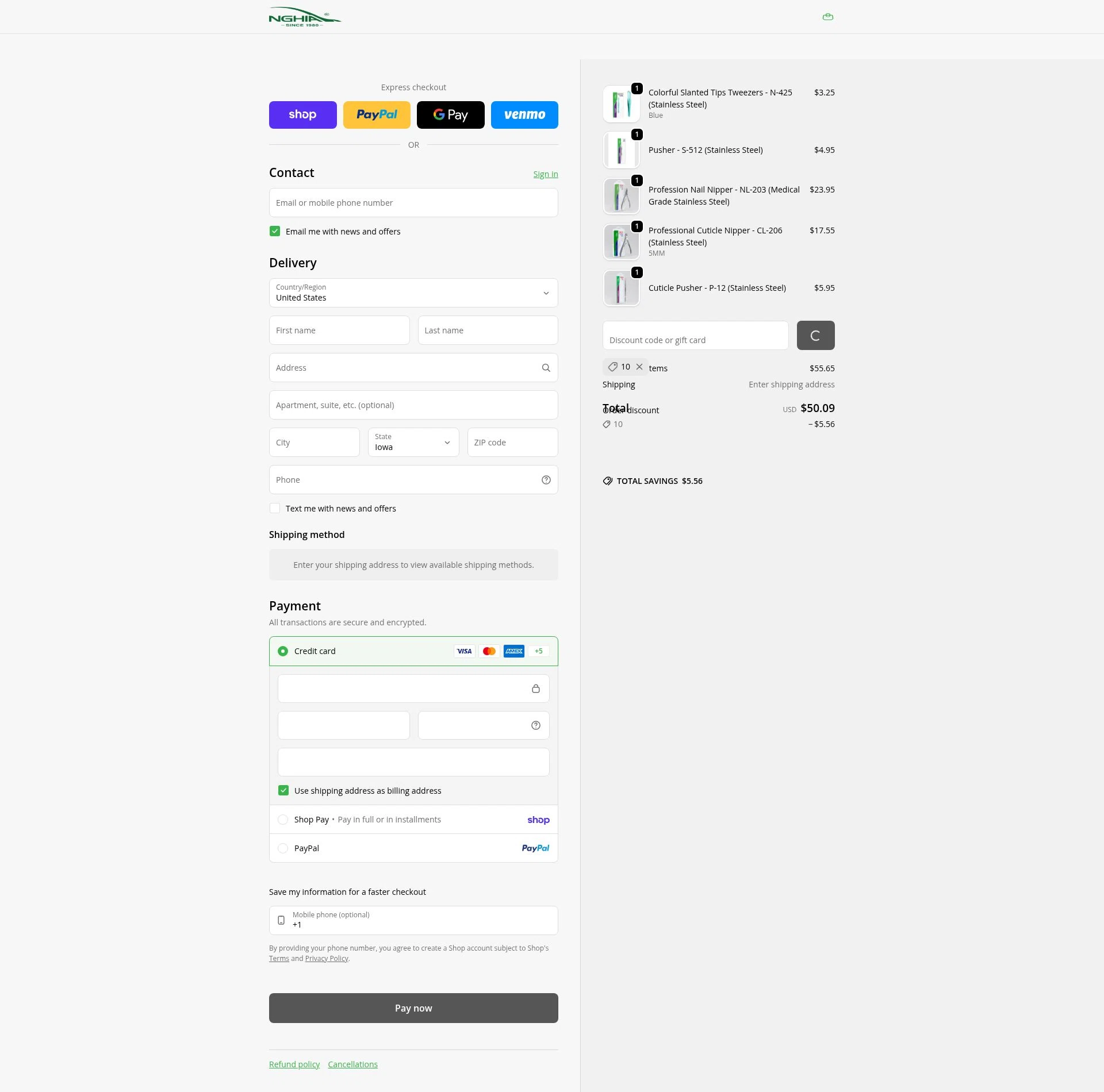 Nghia Nippers USA checkout page showing Nghia Nippers USA promo code box | Screenshot taken by SimplyCodes community member on Feb 6, 2026